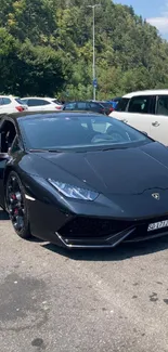 Black Lamborghini parked with scenic background.