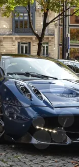 Blue luxury sports car parked by trees.