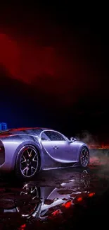 Luxury sports car with city night lights.