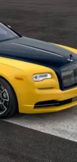 Luxury yellow sports car on a road background.