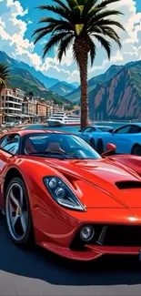 Luxury sports cars on a coastal road with palm trees and mountains.