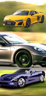 Three vibrant luxury sports cars in motion on a dynamic mobile wallpaper.