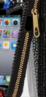 Studded phone case with luxury details and black background.