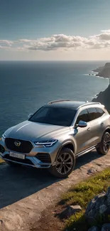 SUV on a scenic cliffside road with ocean view.