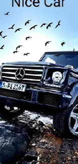 Luxury SUV on rocky terrain with birds in the sky.