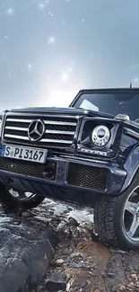 Luxury SUV on rocky terrain in nature's backdrop.