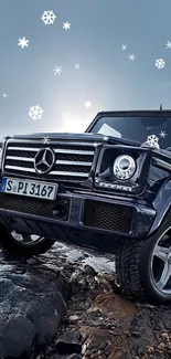 Luxury SUV on rocky terrain under a steel blue sky.