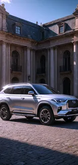 Luxury SUV parked against historic architecture in daylight.