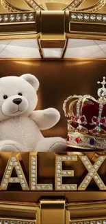 Plush teddy bear with jeweled crown on golden background.
