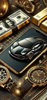 Luxury phone wallpaper with gold, watches, and a sleek car.