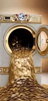 Luxurious washing machine with gold coins flowing out.