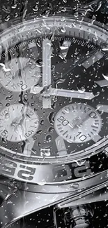 Silver luxury watch with rain droplets, elegant design wallpaper.