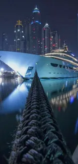 Luxury yacht docked at night with city skyscrapers and reflections.