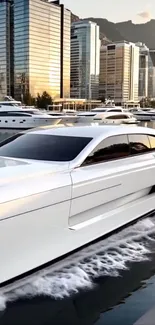 Luxury yacht sailing by city skyline at sunset.