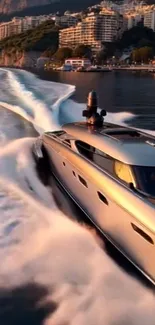 Luxury yacht cruising on blue ocean water with coastal city in background.