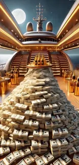 Yacht deck with cash pile under moonlight.