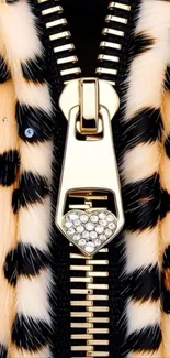Close-up of a gold zipper on leopard print wallpaper for mobile.