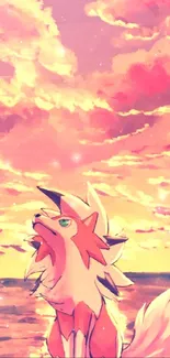 Lycanroc howling at sunset over the ocean in a vibrant anime style.