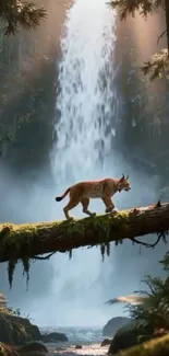 Lynx walking across log in front of a waterfall in a lush forest
