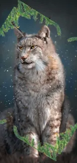 Lynx surrounded by green branches in snow.