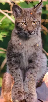 Lynx sitting on a wooden roof in lush green forest.