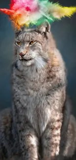 Lynx wearing a colorful feather headpiece on a dark background.