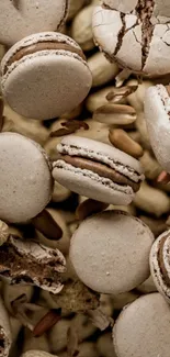 Wallpaper of macarons and peanuts in a rich brown tone.