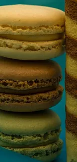 Stack of colorful macarons and a biscuit roll on teal background.