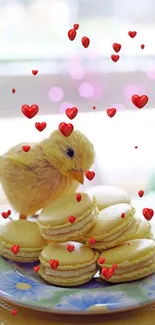 Plush bird with yellow macarons on a floral plate.