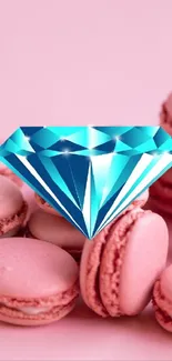 Pink macarons with a blue diamond centerpiece on a mobile wallpaper.