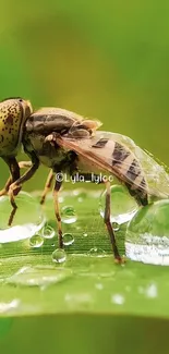 Close-up of an insect on a dewy leaf with a green background.