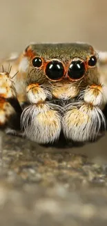 Macro close-up of a jumping spider on a rocky surface.