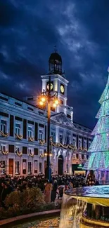 Festive holiday scene in Madrid with a lit Christmas tree.