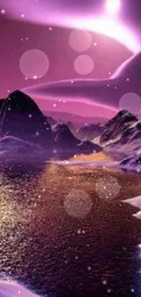 Magenta cosmic landscape with mountains and a shimmering lake under a glowing sky.