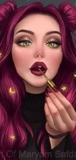 Mobile wallpaper with magenta hair, stars, and glamorous makeup art.