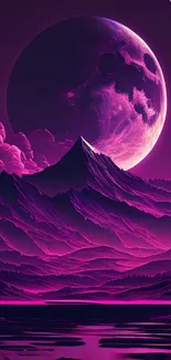 Magenta moon over mountains with vibrant hues