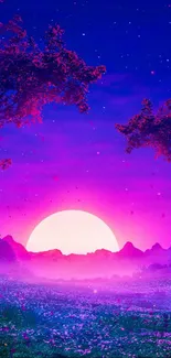 Magenta sunset fantasy landscape wallpaper.