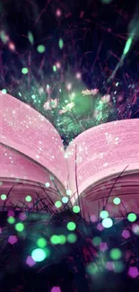 Open book with glowing lights in a mystical forest setting.