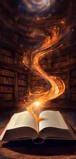 A magic book with golden swirls in a library setting.