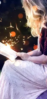 Girl reading a glowing book with magic sparks in a forest setting.