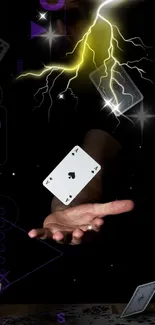 Levitating playing cards with electric lightning on a dark background.