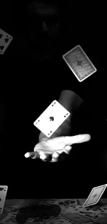 Playing cards floating in air against a dark background, creating magical motion.