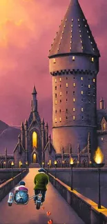 Magical castle at sunset with warm, enchanting colors and a serene bridge scene.