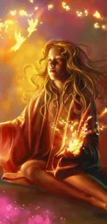 Fantasy artwork of a fire fairy with magical sparks.