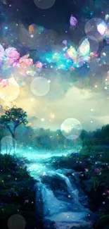 Fantasy forest landscape with glowing butterflies and a mystical night sky.