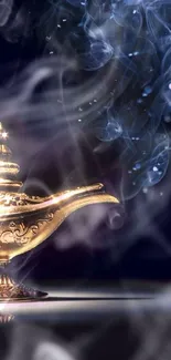 Golden magic lamp with blue swirling smoke on a dark background.