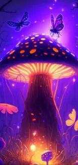 Glowing mushroom in a mystical, purple forest with butterflies.