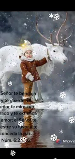 Child with white reindeer in snowy winter scene.