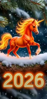A bright orange unicorn stands on a snowy branch with 2026 glowing below.