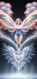 Fantasy angel with colorful wings and heart design in a magical setting.